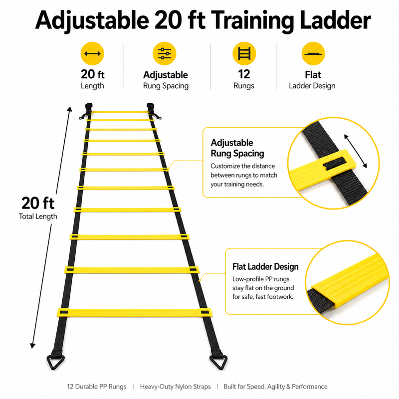 Agility Ladder Speed Training Set - 20 ft Adjustable Ladder, 12 Cones, 4 Stakes, Parachute & Carry Bag