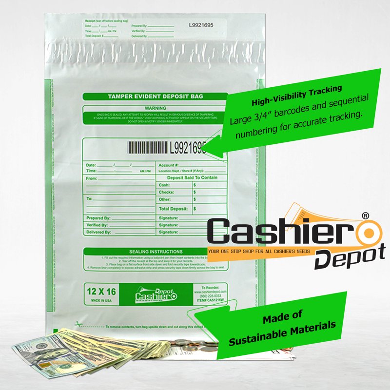 Tamper Evident Deposit Bags 12x16 White with Barcode & Serial Number - 100 Pack
