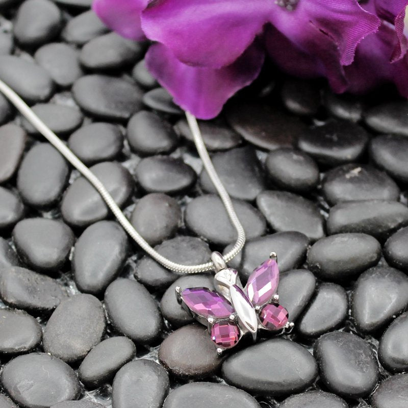 Purple Crystal Butterfly Cremation Necklace Keepsake Jewelry with Gift Box