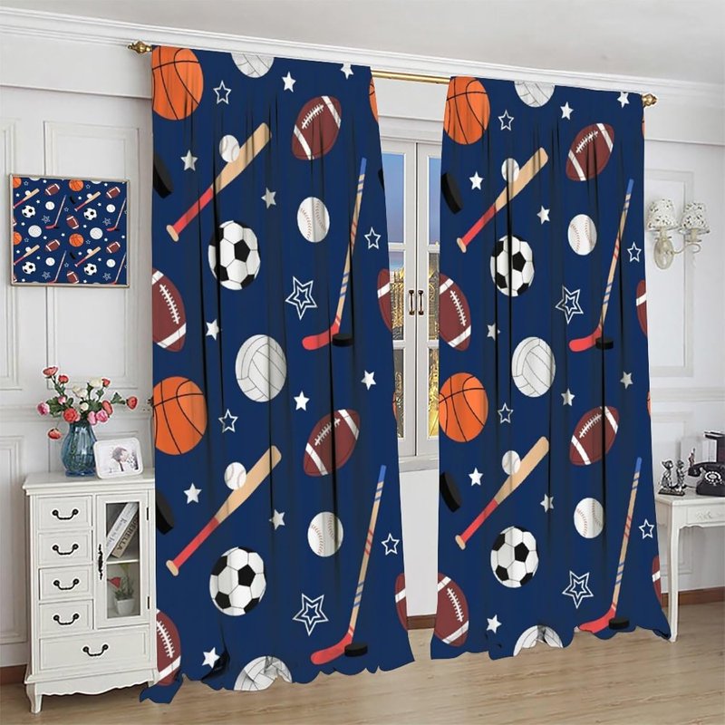 Sports Theme Curtains for Kids Bedroom & Living Room - Cartoon Basketball Football Soccer Print Insulated Drapes, 2 Panels