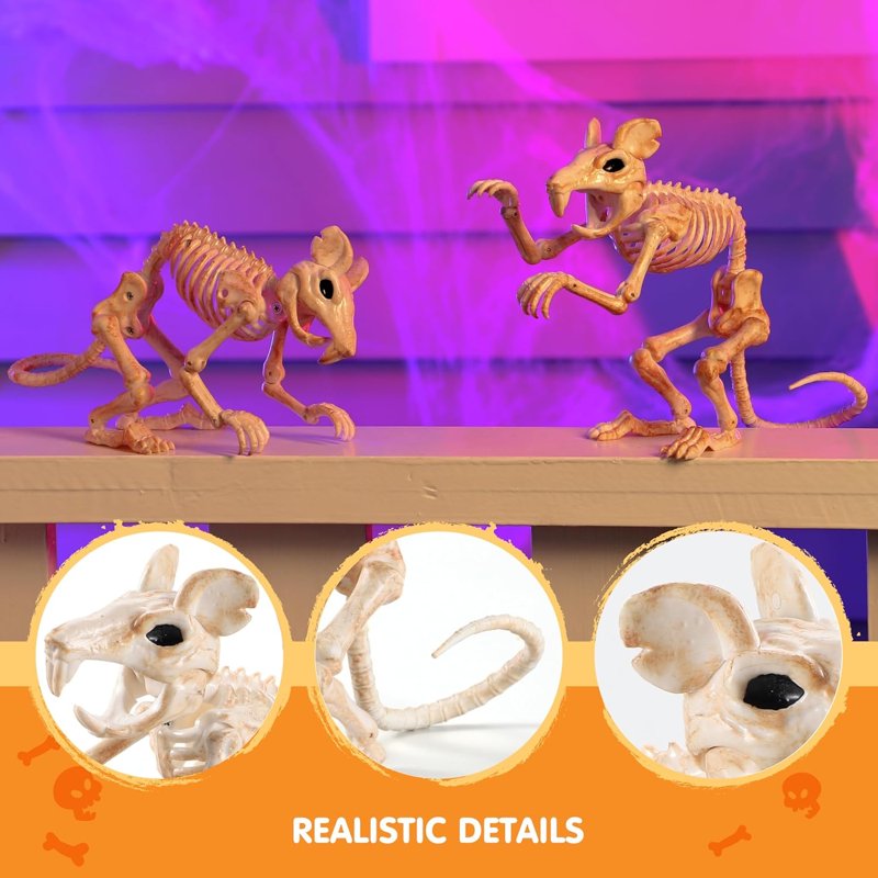 Joyfy 2 Pack 11” Rats Skeleton Halloween Decoration - Posable Plastic Animal Skeletons (Variation: Mouse)