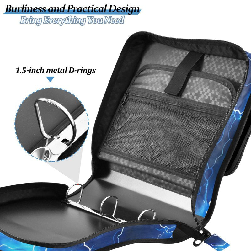 Zipper Binder File Folder Organizer Bag with Multiple Pockets and 3-Ring Ring, Blue Lightning