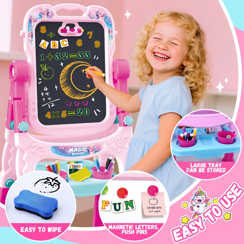 Kids Art Easel with Magnetic Whiteboard and Chalkboard - Adjustable Double-Sided Toddler Learning Toy