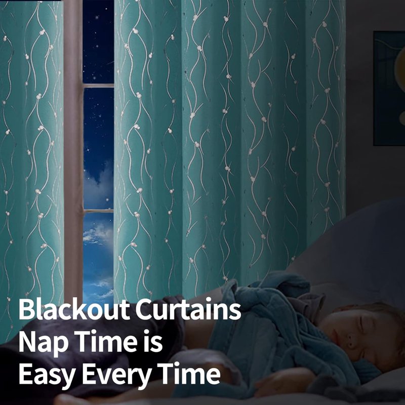 Blackout Room Darkening Curtains 63 Inch Long Grommet Insulated Drapes with Wave & Dot Print