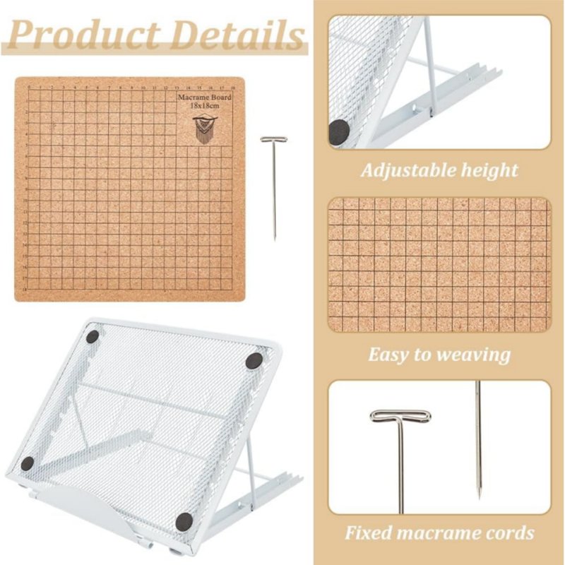 Macrame Board Set with Adjustable Holder, T Pins & Supplies for Knotting & Bracelet Making - 7x7 inch