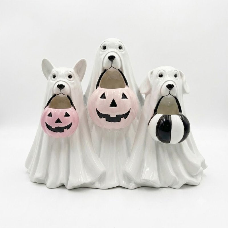 Halloween Ghost Dogs Figurine with Pumpkin Candy Bowl - Indoor & Outdoor Safe Ceramic Decor