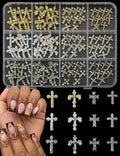 OPMADM 120 Pcs 3D Cross Nail Charms 12 Grids Metal Nail Art Charms White Gold Silver Gold Cross Charms for Nails