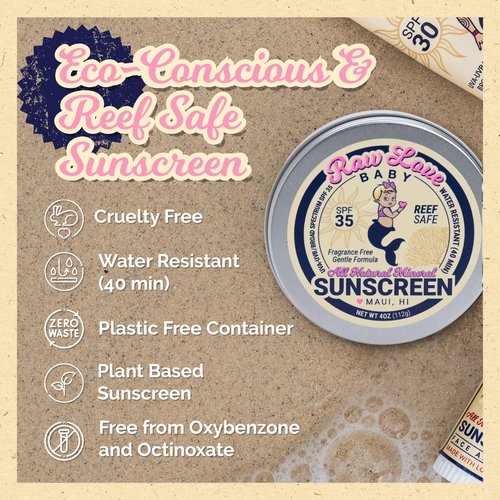 Raw Love Baby Sunscreen 0-6 Months & Up | Babies, Infant, Toddler, Kids Natural Mineral Sunscreen | Sensitive Skin, Fragrance Free Zinc Oxide SPF 35+ | No Chemicals, Reef Safe, Water Resistant | 4 Oz