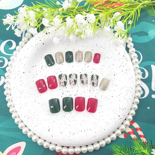 Christmas Press on Nails Short Square Fake Nails Press ons with Golden Glitter Christmas tree Design False Nails Red Green Full Cover Glue on Nails Glossy Christmas Stick on Nails for Women 24Pcs