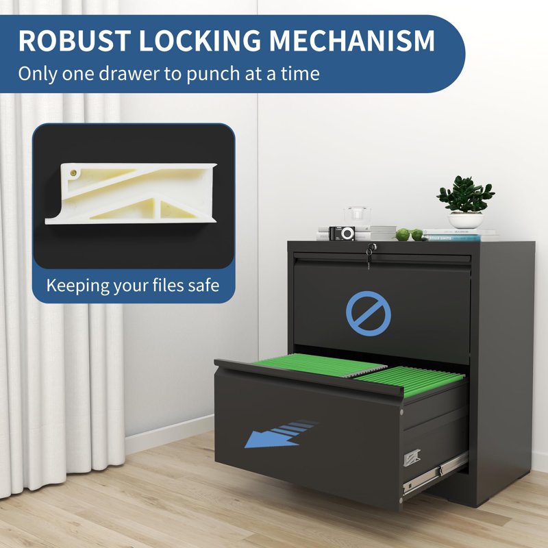 Metal 2 Drawer Lateral File Cabinet with Lock for Office & Home Black