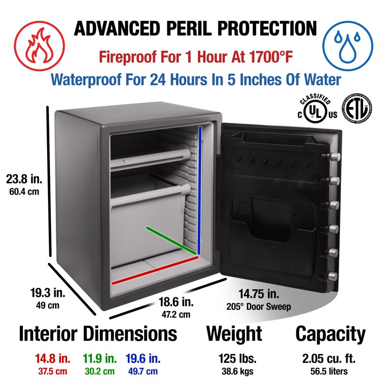 Fire and Waterproof Security Safe 2 Cu Ft Steel Gray with Combination Lock