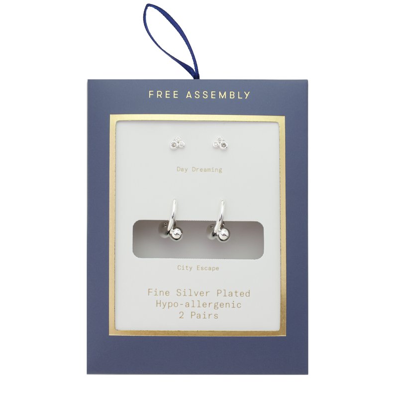 Women's Silver Plated Cubic Zirconia Hoop & Stud Earring Set - 2 Pairs