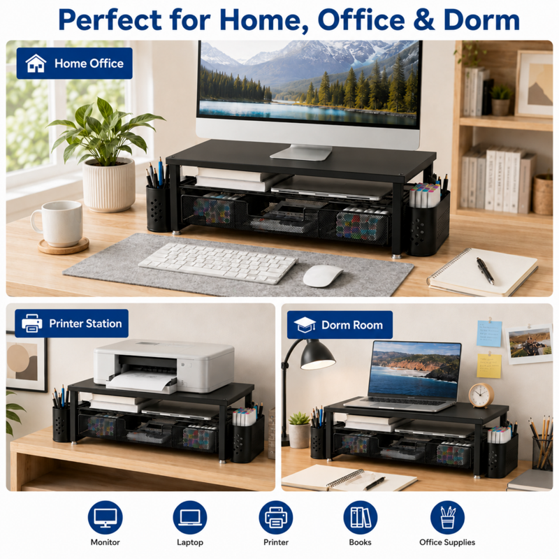 Mehoom 3-Tier Monitor Stand with Drawer & Pen Holders – Desk Organizer, Black