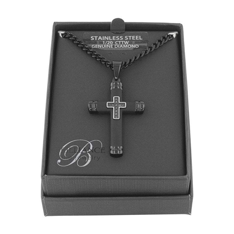 Men's Black Diamond Accent Cross Pendant Necklace 24-Inch Stainless Steel
