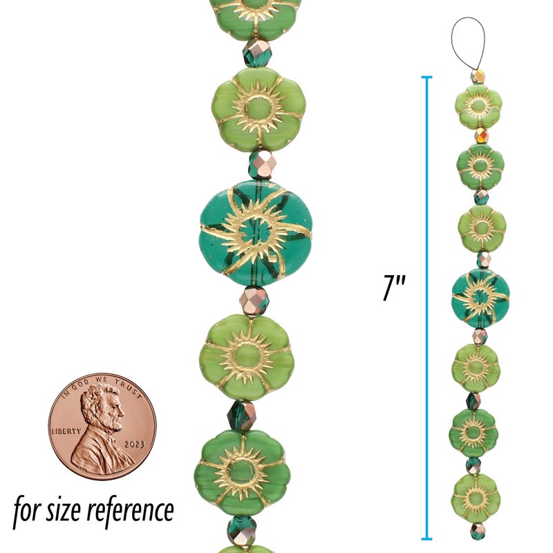 Czech Glass Bead Strands for Jewelry Making - Green Hibiscus Mix, 6x7 Inch, 15 Beads Per Strand