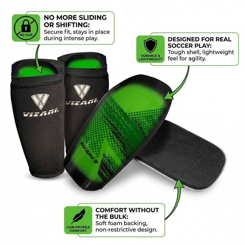 Vizari Slip-In Soccer Shin Guards for Adults and Youth - Lightweight Protective Shin Pads (S, Green/Black)