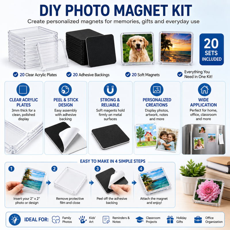 DIY Fridge Magnets Kit - Clear Acrylic Photo Magnet Making Set with Adhesive Backing