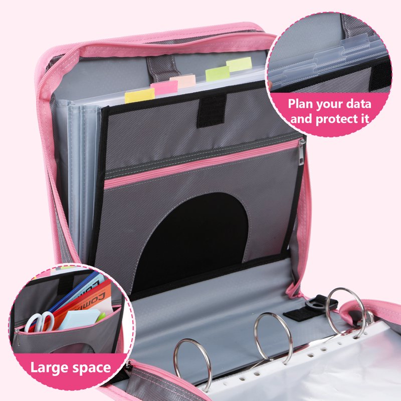2-Inch Zipper Binder with O-Ring Mechanism and Multiple Pockets in Pink