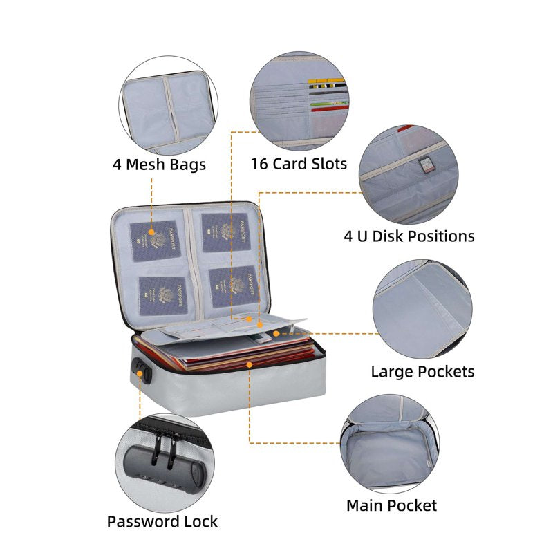 Fireproof Waterproof Document Bag with Lock - Portable Storage Organizer for Certificates, Passports, Cash, Jewelry