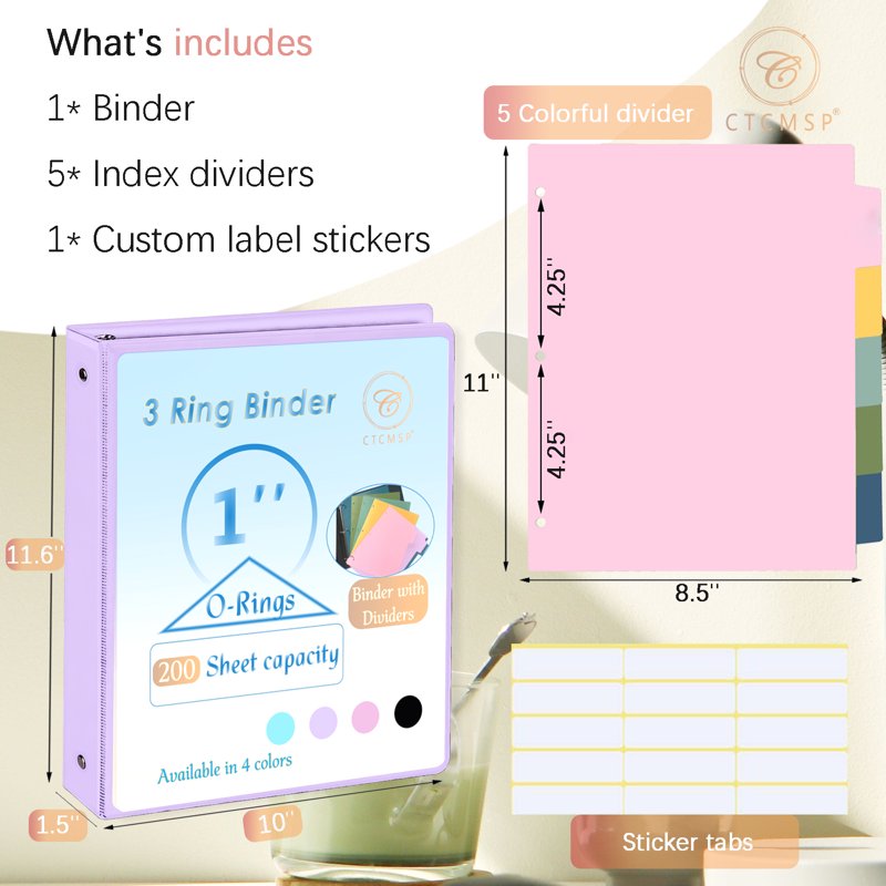 3 Ring Binder with Dividers - 1 Inch Heavy Duty Organizer for 200 Sheets