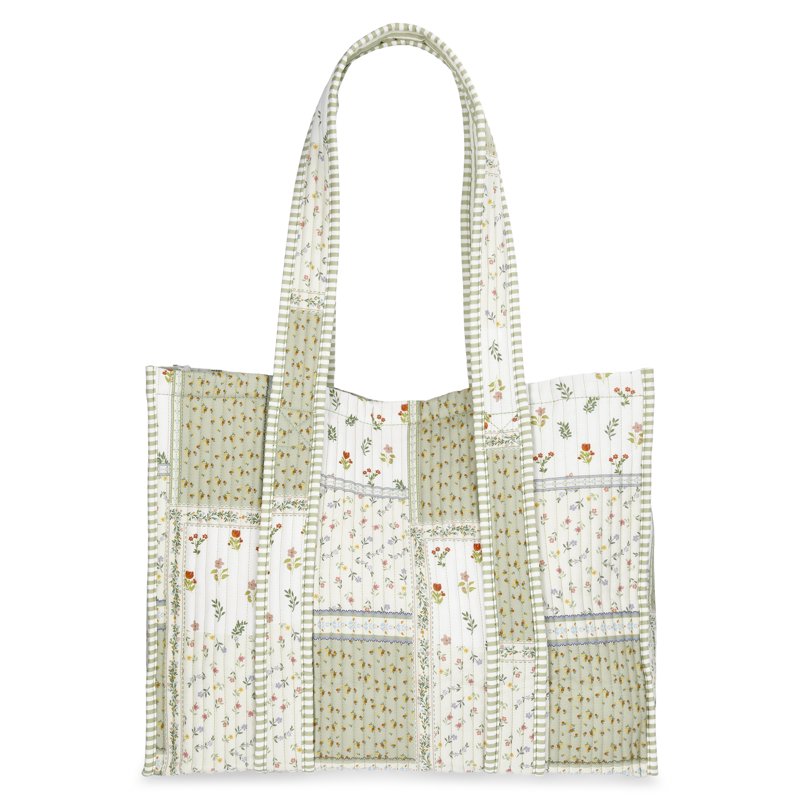 Women's Quilted Tote Bag with Double Shoulder Straps - Green Patchwork