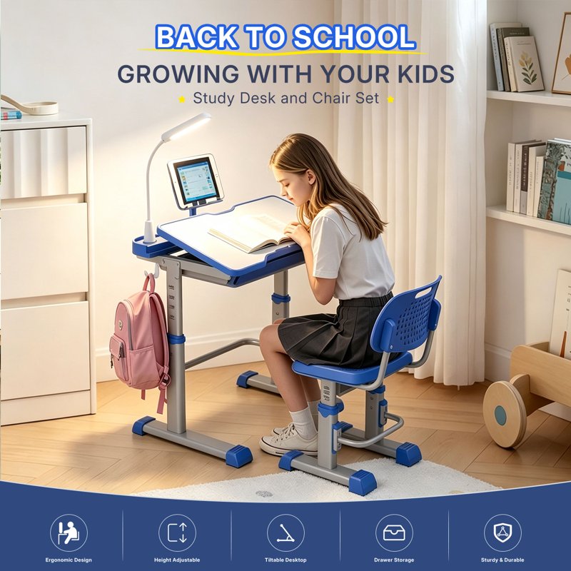 Kids Study Desk and Chair Set with Adjustable Height, LED Lamp, Tilt Desktop, Storage Drawer