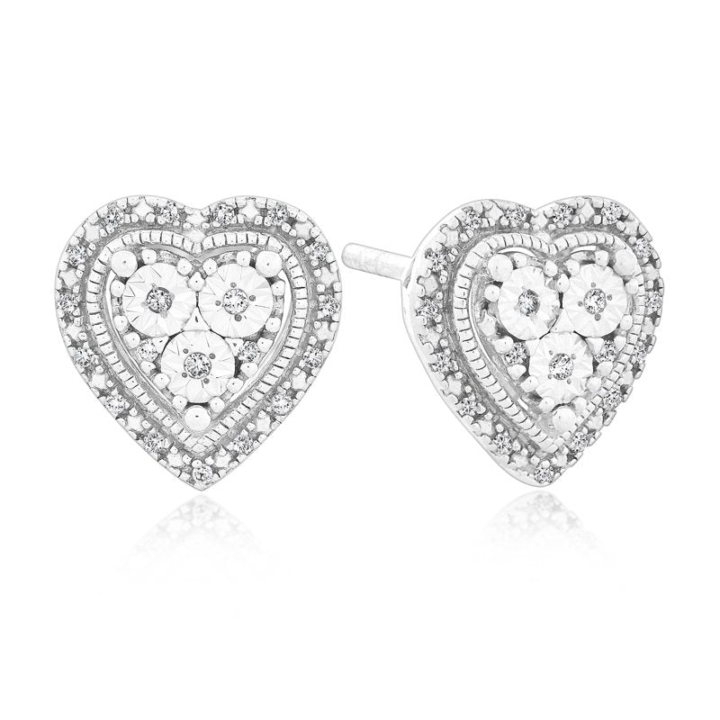 Sterling Silver Heart Earrings with 0.1 Carat Genuine Diamonds