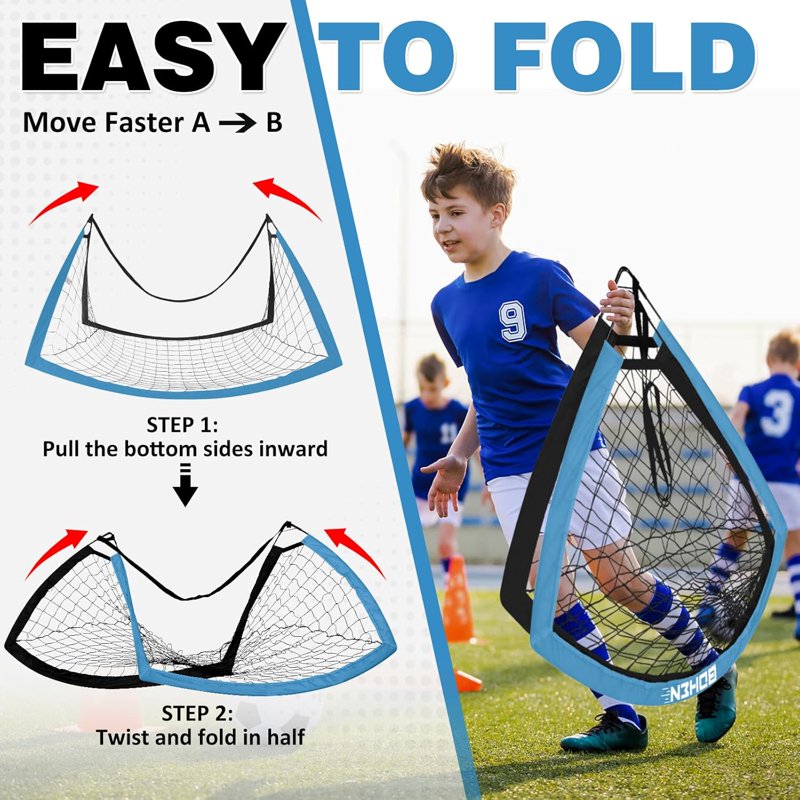 BOHEN 6x4 FT Portable Soccer Goal for Kids Blue with Net, Carry Bag & Ground Stakes - 2 Pack