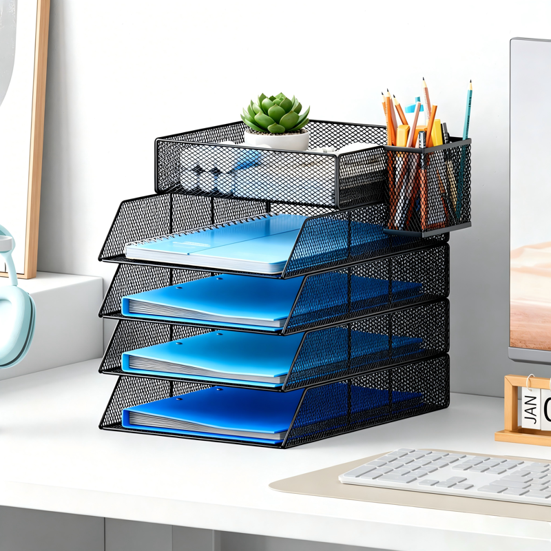 5-Tier Mesh Desk Organizer with Pen Holder - Office Document and Mail Sorter