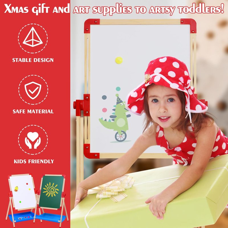 Kids Art Easel with Magnetic Double-Sided Chalkboard and Accessories - Adjustable & Stable for Toddlers 2-6 Years