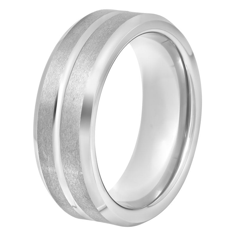 Men's Tungsten Grooved 8MM Comfort Fit Wedding Band - Durable Silver Black Men's Ring
