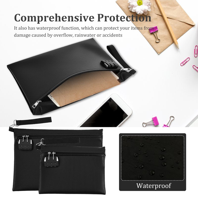 Fireproof Waterproof Document Bag Set with Combination Lock - 2 Pcs Secure Storage Pouches