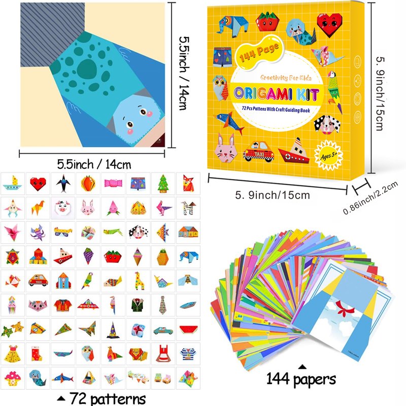 Kids Origami Paper Kit 144 Sheets with 72 Patterns & Guidebook - Colorful Craft Set