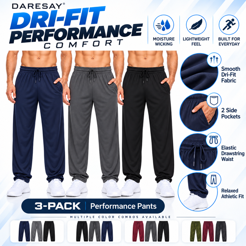 Men's Athletic Sweatpants 3 Pack Open Bottom Joggers Dry Fit Workout Pants