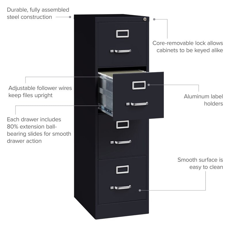 Hirsh 4-Drawer Locking Metal File Cabinet - Letter Size, 22" Deep, Black