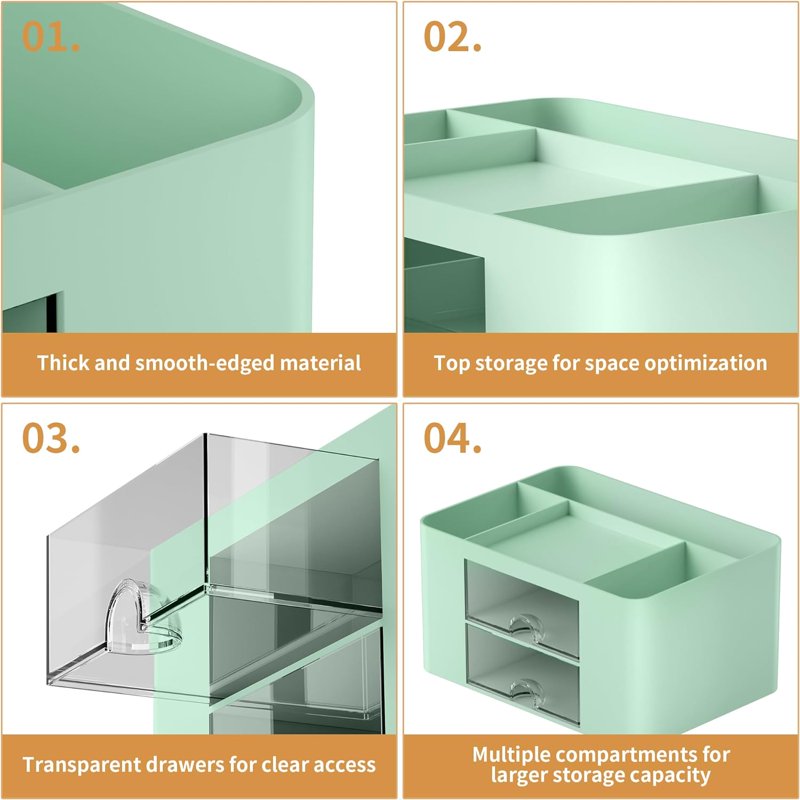 Multi-Functional Pen Organizer with 2 Drawers and Compartments for Desk Storage - Green