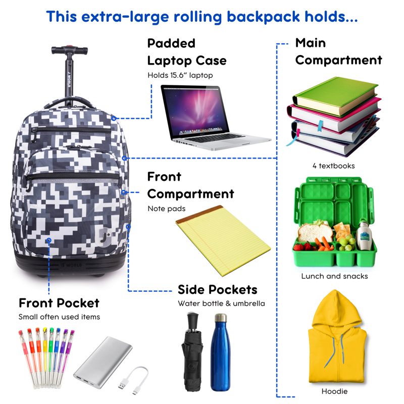 20-Inch Unisex Rolling Backpack with Laptop Sleeve & Camo Design