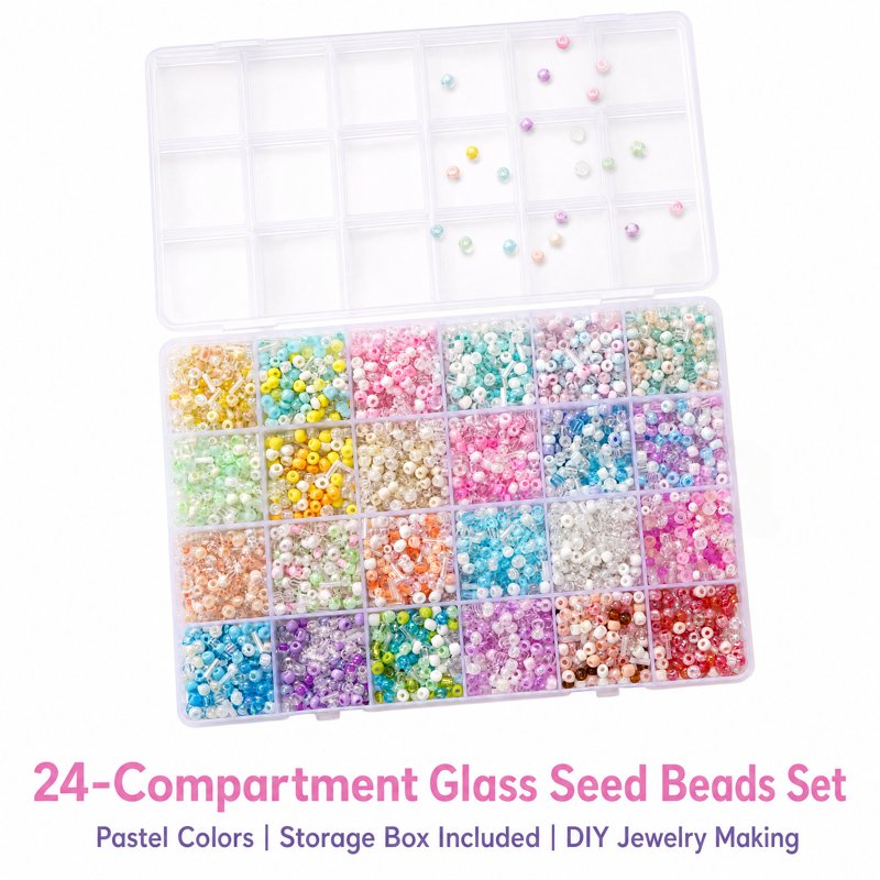 Glass Seed Beads Set with Storage Box - Assorted Pastel Tiny Beads for Jewelry Making