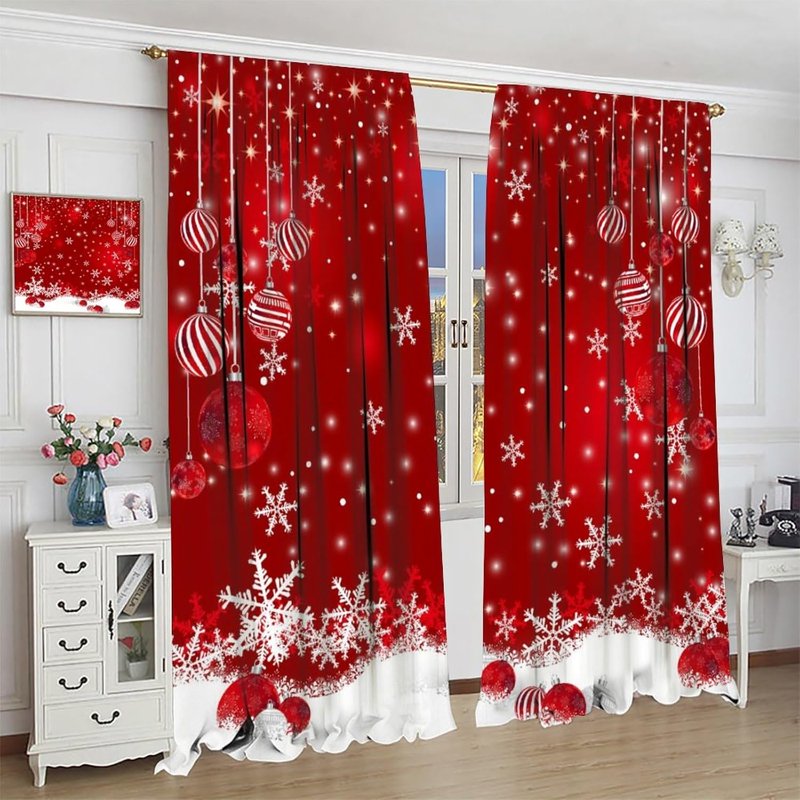 Winter Xmas Tree Glitter Print Blackout Window Curtains - 2 Panels, 84x84 Inch