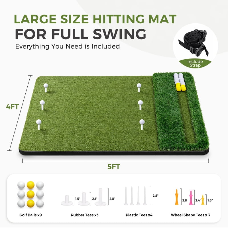 Vipuse 5*4 FT Premium Golf Hitting Mat – Indoor/Outdoor Practice with Fairway & Rough Turf (Includes Balls, Tees & Strap) 5*4 FT