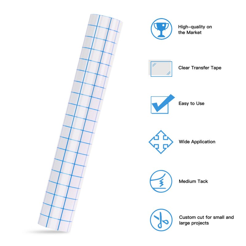 Transfer Tape for Vinyl with Blue Alignment Grid - 12" x 30 Ft | Self-Adhesive Sign & Sticker Transfer Paper