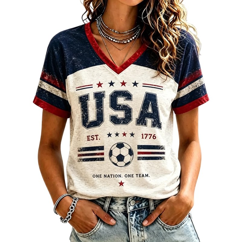 Royal Blue Women's Soccer V-Neck Tee - Short Sleeve American Flag Graphic