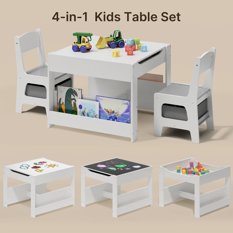 Kids Table and Chairs Set 4-in-1 with Storage for Play, Study, Drawing, Eating