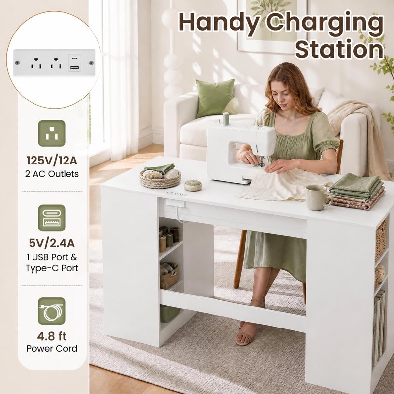 53-Inch Sewing Table with Power Outlets, Storage Drawers & Removable Shelves - White