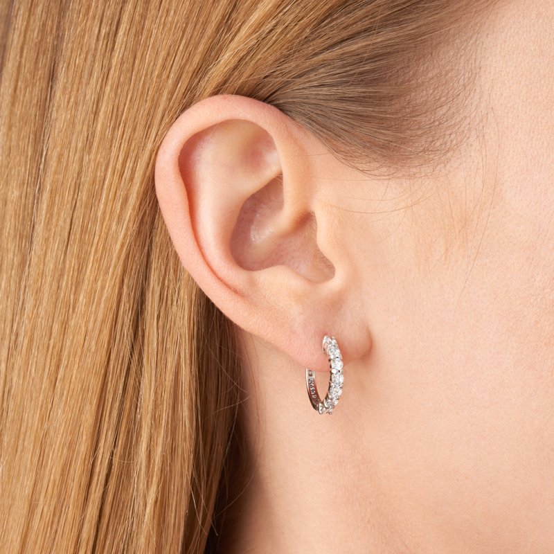 Hinged Hoop Earrings with Cubic Zirconia in Sterling Silver and Rhodium Plating