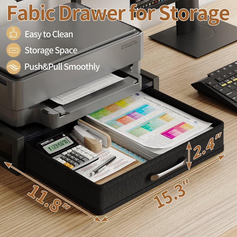 2-Tier Desktop Storage Shelf with Drawer - Printer Stand, Black, 1 Drawer (Variation: Black, 1 Drawer)