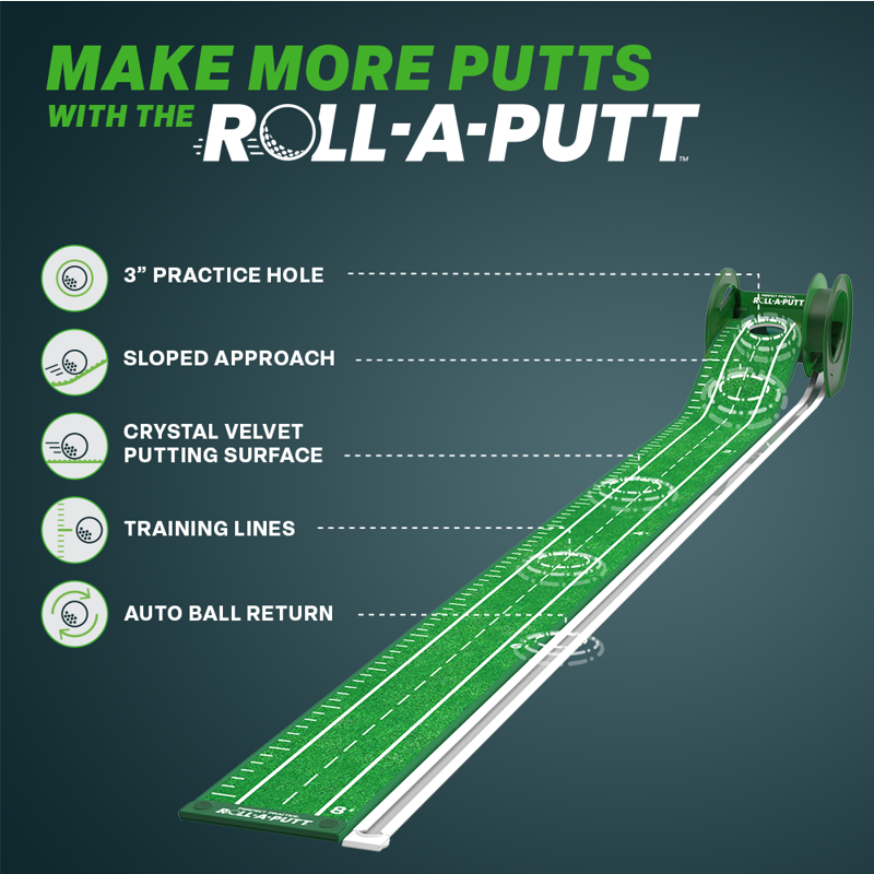 Roll-A-Putt 8 ft Putting Mat with Crystal Velvet Surface & Auto Ball Return