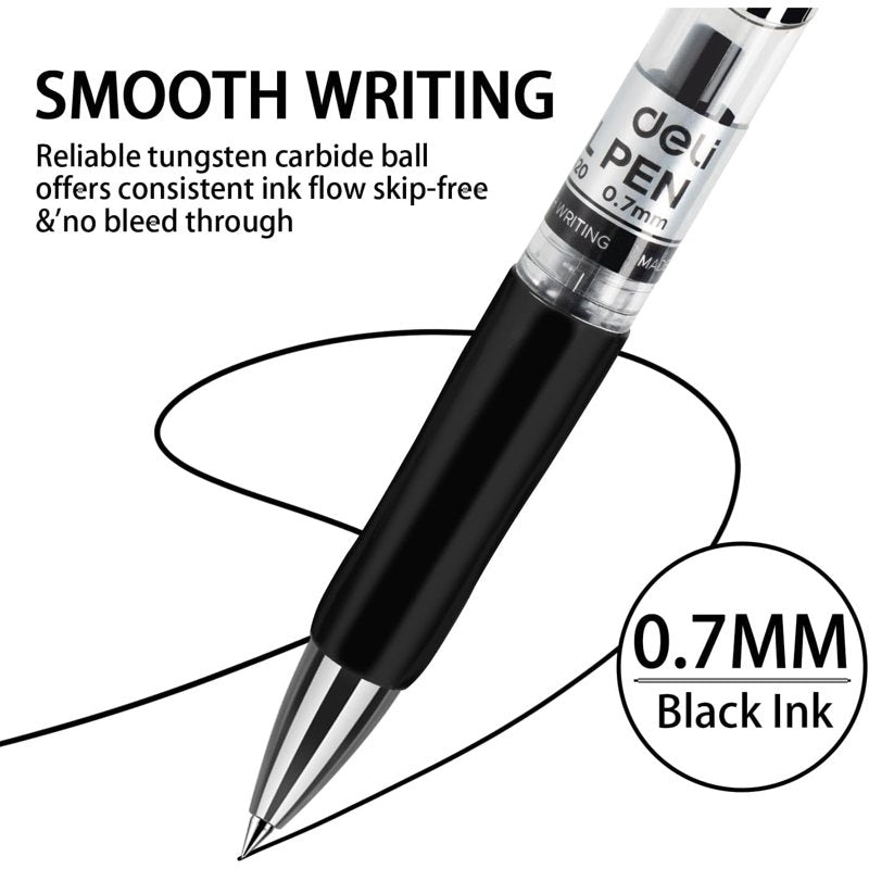 Deli 50-Pack Retractable Gel Pens, 0.7mm Black Ink, Smooth Fast-Dry, Leak-Proof
