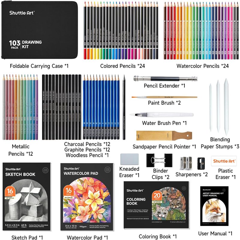 Complete Artist Drawing Kit with Pencils, Pastels, Charcoal, Paper Pads, and Accessories