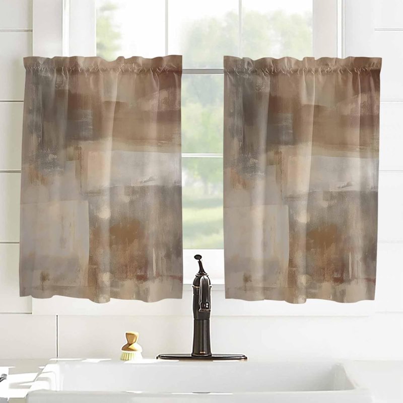 Ombre Window Short Curtains - Modern Abstract Oil Painting Design, 2 Panels